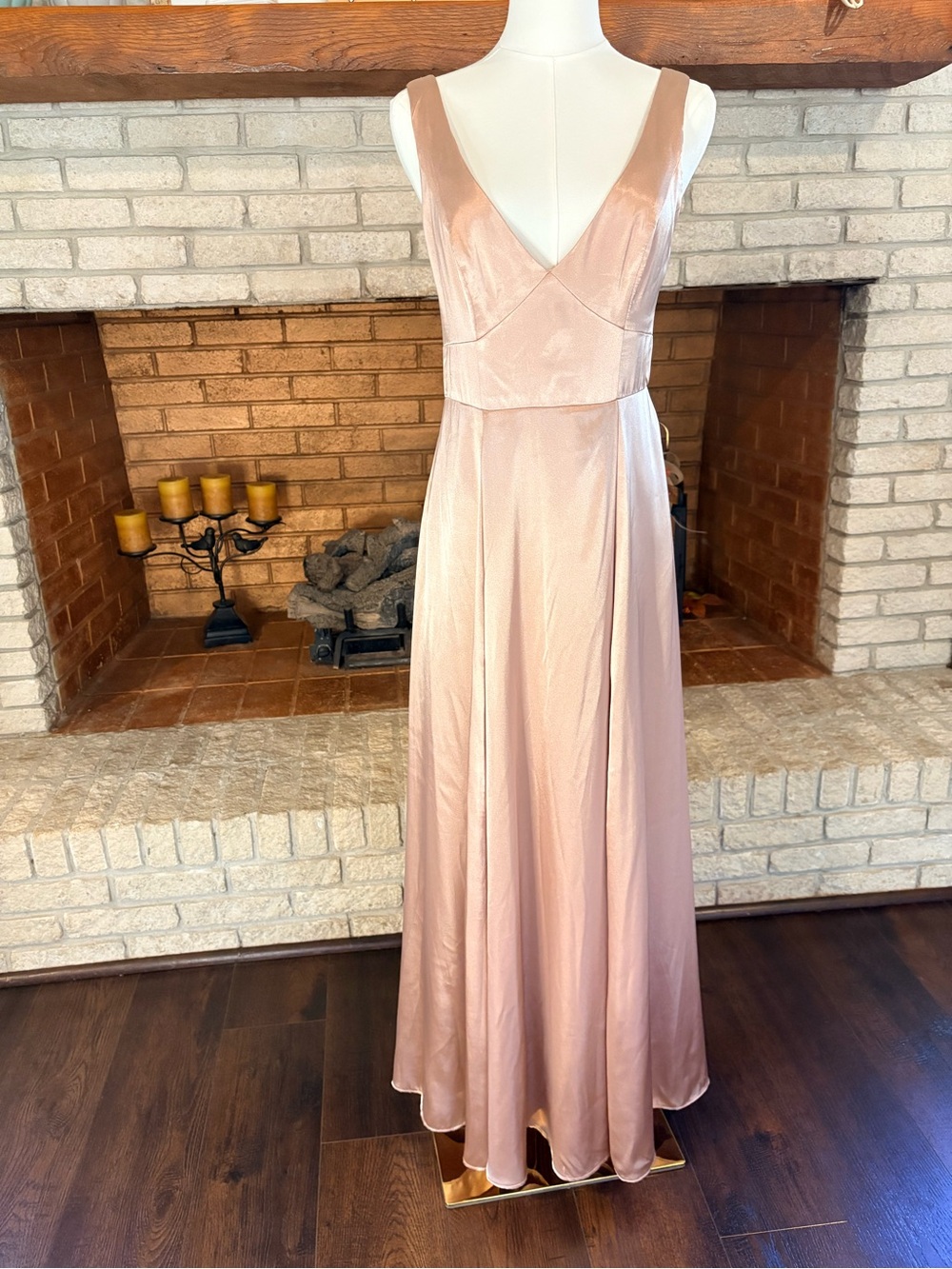 Galina Signature Dusty Rose Champagne Satin Maxi Dress Size 6 Slit Pockets